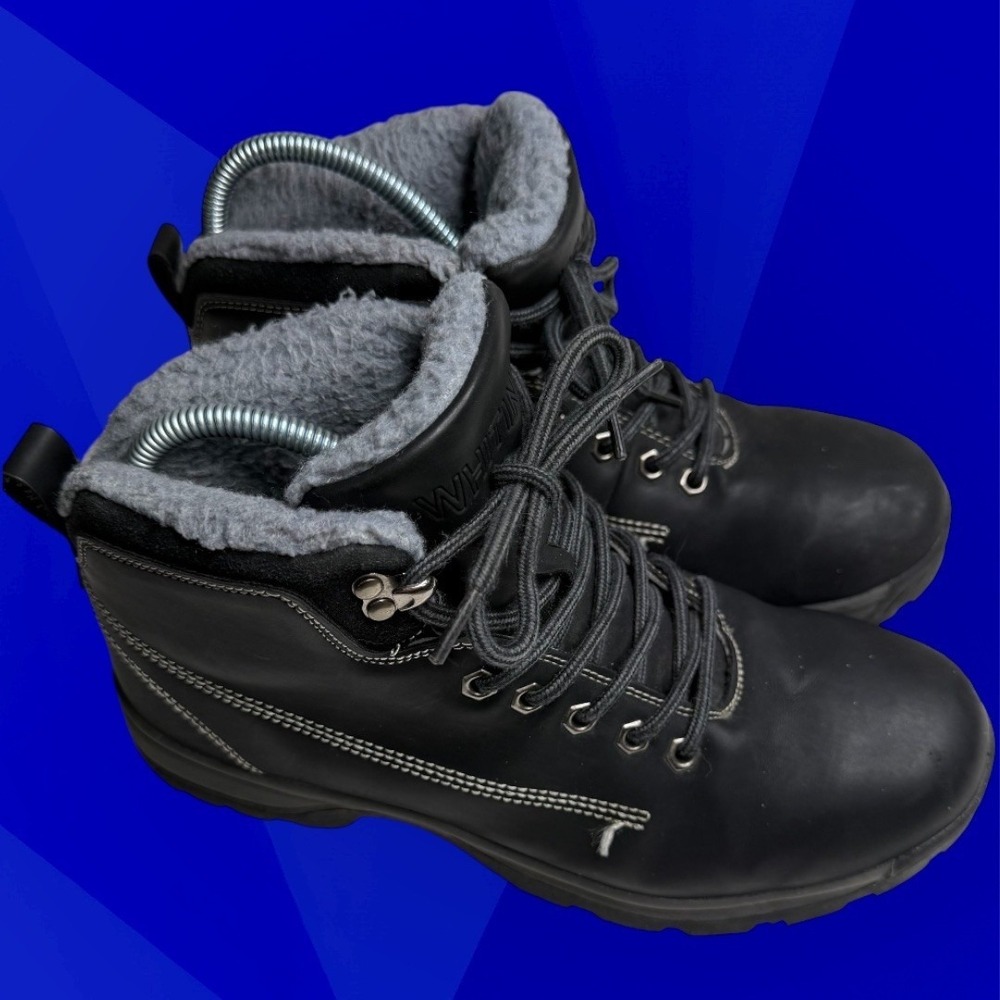 WHITIN Men's Black Faux Leather Winter Boots Fur Lined‎ Lace Warm Size 41 (US 8)